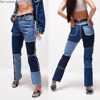 Moda Mozaik Skinny Kavbojke Straight Ženske 2020 Visoko Pasu Žepi Seksi Barvo Dame Jeans Hlače Denim Blue Hlače