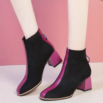 Modni Škornji Ženske Zimske Čevlje do leta 2020 Ins Visoke Pete, Škornji Seksi Dame Pozimi Stranka Čevlji Kvadratni Pete 6 cm Martin čevlji