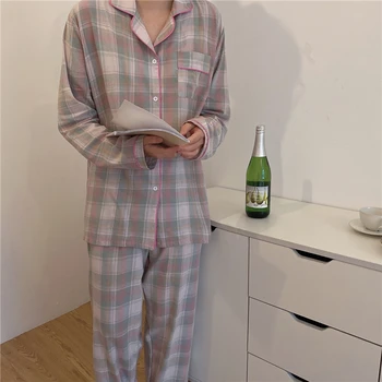 Nekaj bombaž perilo kariran sleepwear ženske karirasti dolg rokav korejski slog priložnostne pižamo nastavite moških trundown domov oblačila L170