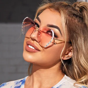 Novi Retro Trendy Rimless Prevelik Sončna Očala Ženske Luksuzni Design Diamond Kvadratnih Kovinskih Sončna Očala Za Žensko Gradient Očala
