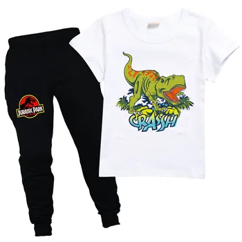 Novo Bombaža, Kratek Rokav T-shirt majica + Hlače za Otroke Določa Fantje Dekleta Dinozaver Svetu Oblačil Jurassic Moda Trenirko Za Otroke