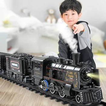 Otroci Simulacije muzejski Vlak Električni Vlak Igrača Nastavite Zlitine Vlak Spray Skladbo DIY Igrače z zvočnimi in svetlobnimi Železniške Set