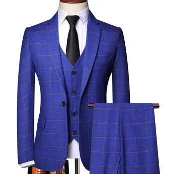 Plus Velikost 6XL Formalnih Poslovnih Kostum Homme Plaids bo Ustrezala Tri Kos Slim Fit Moški Poročna Obleka Za Ženina Smoking Človek
