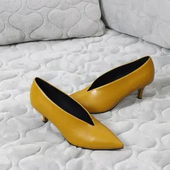Poudaril Tanko Petah Womens Čevlji Globoko V Design Lady Enotne Evropske Elegantne Čevlje Ameriške Visoke Pete Retro Majhen Usnjeni Čevlji