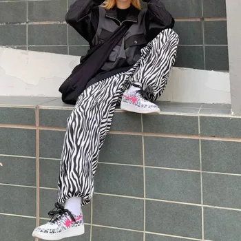Prevelike Hlače Ženske Harajuku High Street Elegantna Zebra-print All-tekmo, Poletje, Jesen, Teens, Hlače College Visoka Pasu Femme Najnovejši
