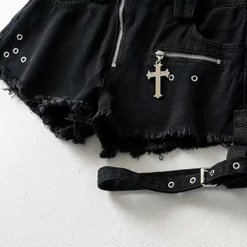 Punk Traper Hlače Ženske Temno Moda Gothic Girl Elegantna Zadrgo Seksi Križ Obroč Visi Povoj Visoko Pasu Hlače Poletje Moda