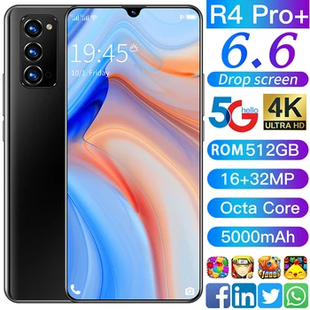 R4 Pro+ 6.6 Palčni zaslon Fullscreen Pametni Telefon 8core 512GB Dropscreen Mobilni Telefon Android 10 Prst Obraz ID Dual Camera Mobile