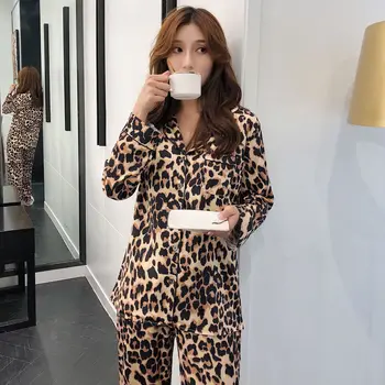 Seksi Leopard poletje pižamo določa ženske sleepwear moda Koreja Satin ice svile Dolgimi rokavi ženske pižame sleepwear pijamas