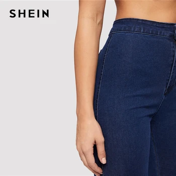 SHEIN Trdna Skinny Jeans 2019 Pomlad Jesen Suh Stretchy Jeans Modra Navy Ženska Trdnih Visoko Pasu Denim Dolge Hlače