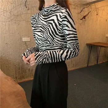 T-shirts ki se Ženska Pomlad Jesen Zebra Natisnjeni Moda Pol Turtleneck High Street Mode korejskem Slogu Elegantna Ženska Dame Vroče Prodaje