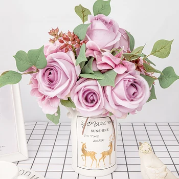 Visoka Kakovost Rose Šopek Umetnih Cvet Pravi Svile Veliko Glavo Rose Šopek za Poroko, Družino DIY Dekoracijo Ponaredek Cvet Nova