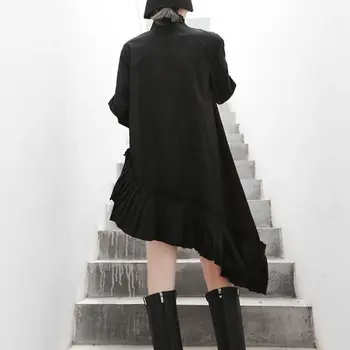 XITAO Nezakonitih Naguban Vintage Obleko za Ženske Modni Stojalo Ovratnik Poln Rokav Mozaik Ruffles Črno Belo Obleko Jeseni DLL3486