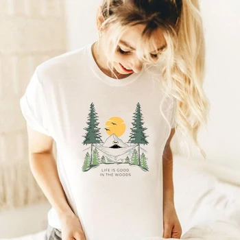 Življenje Je lepo V Gozdu Sonce in Luna Graphic Tee Shirt gorah kampiranje Outsider T Srajce Ženska Bombaž Gozd Pohodniška Oblačila